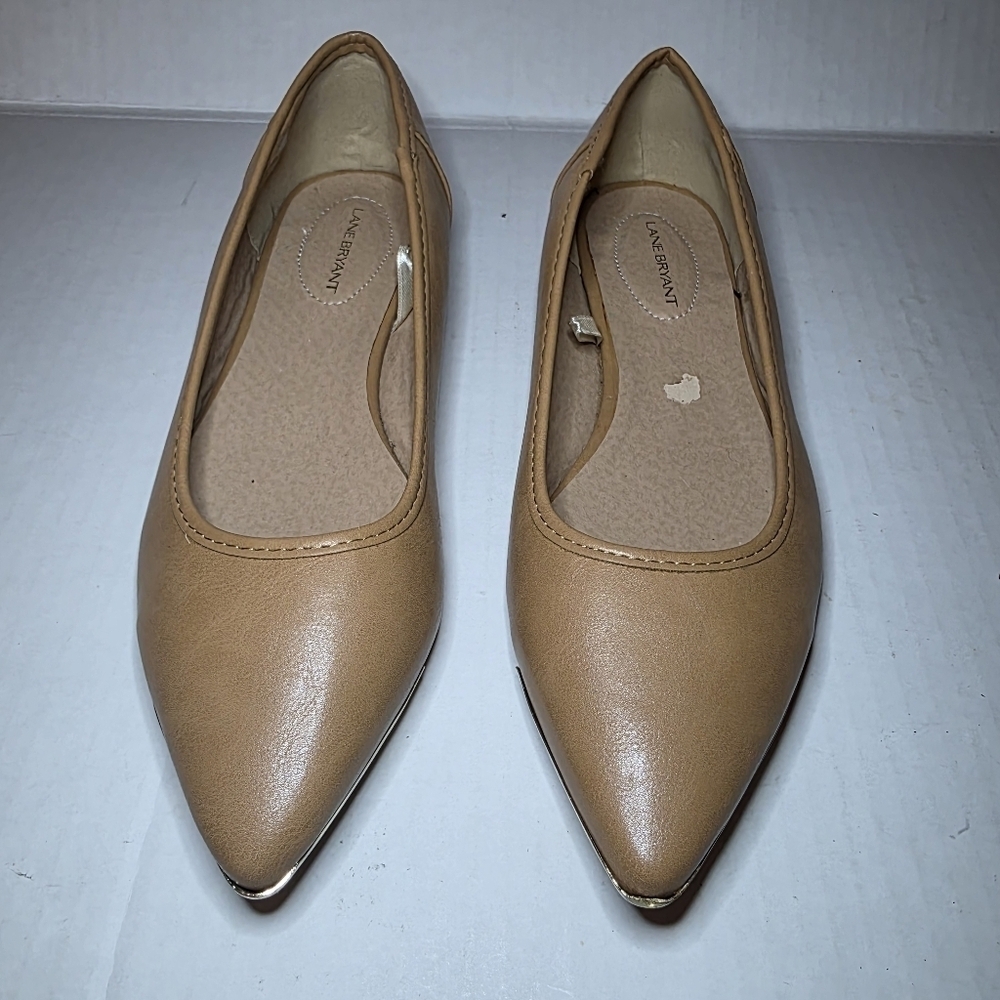 Lane Bryant size 10W tan flats with gold toe and heel accents